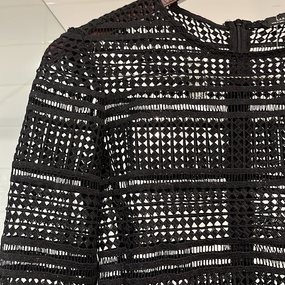 ZARA Black Lattice Crochet Lace Long Sleeve Midi Shift Dress - Picture 5 of 10